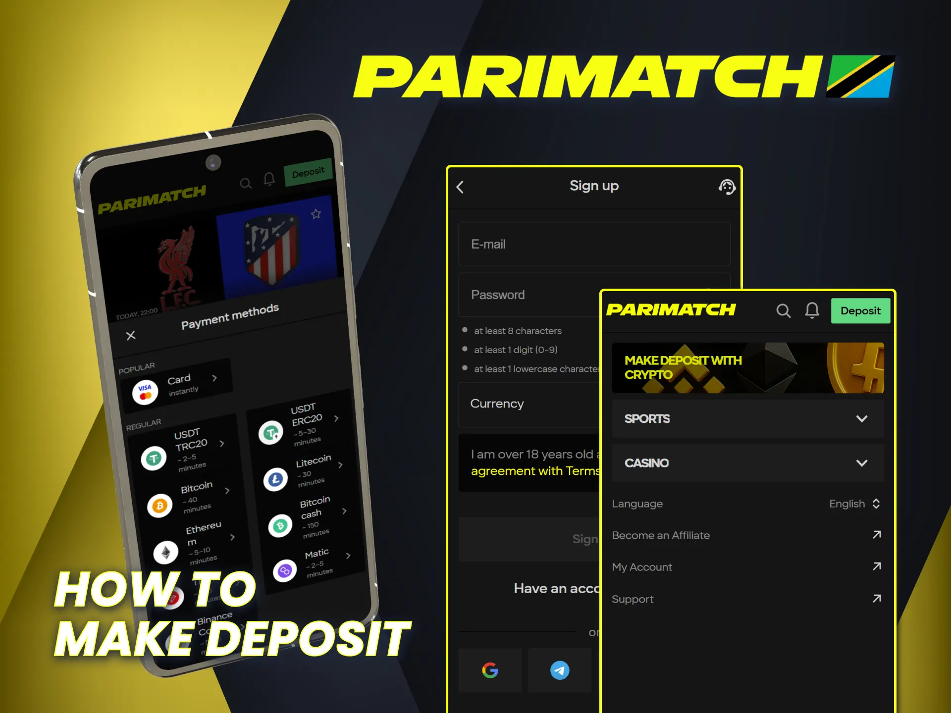 Deposit online on Parimatch app using your preferred method.