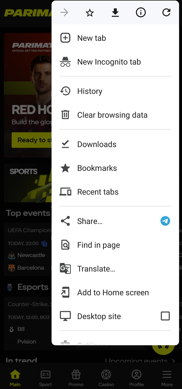 Add Parimatch PWA to your Android phone's home screen.
