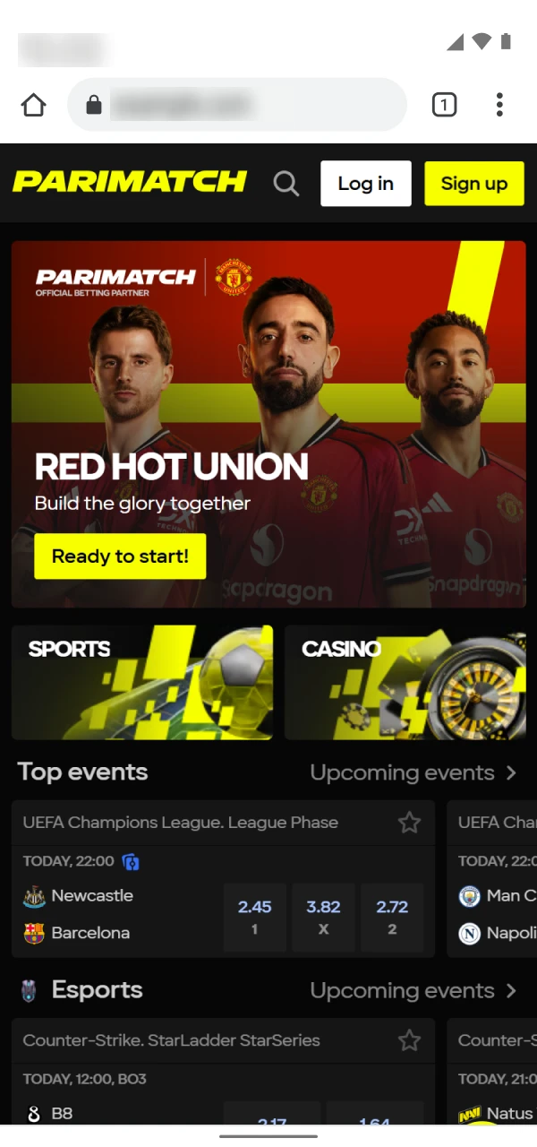 Open your mobile browser and visit the Parimatch site.