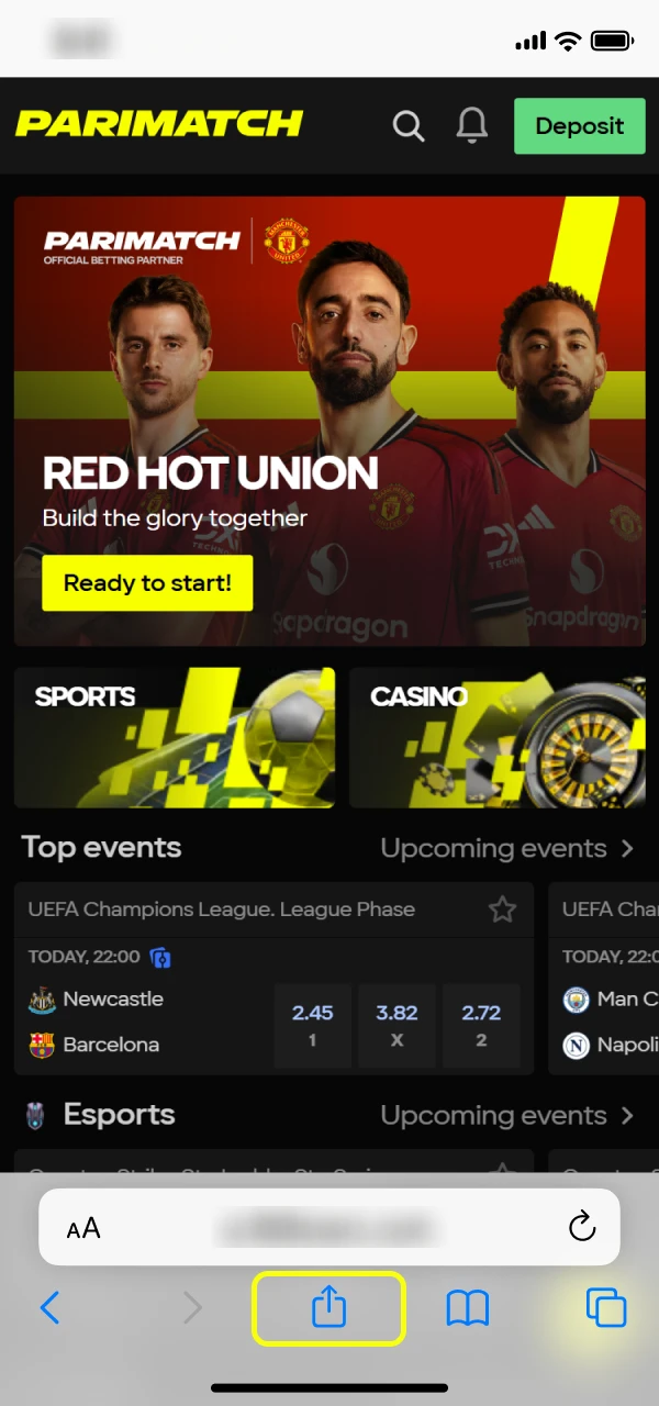 Tap the Safari Share icon for Parimatch iOS PWA.