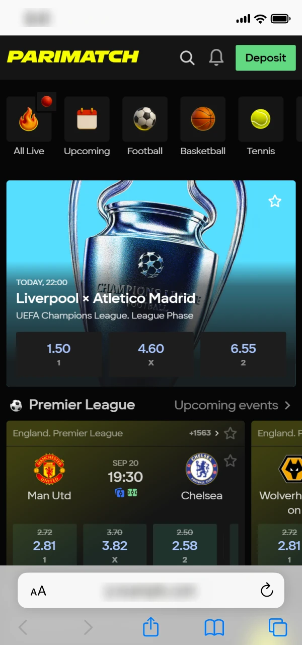 Use the mobile menu to access Parimatch sports betting.