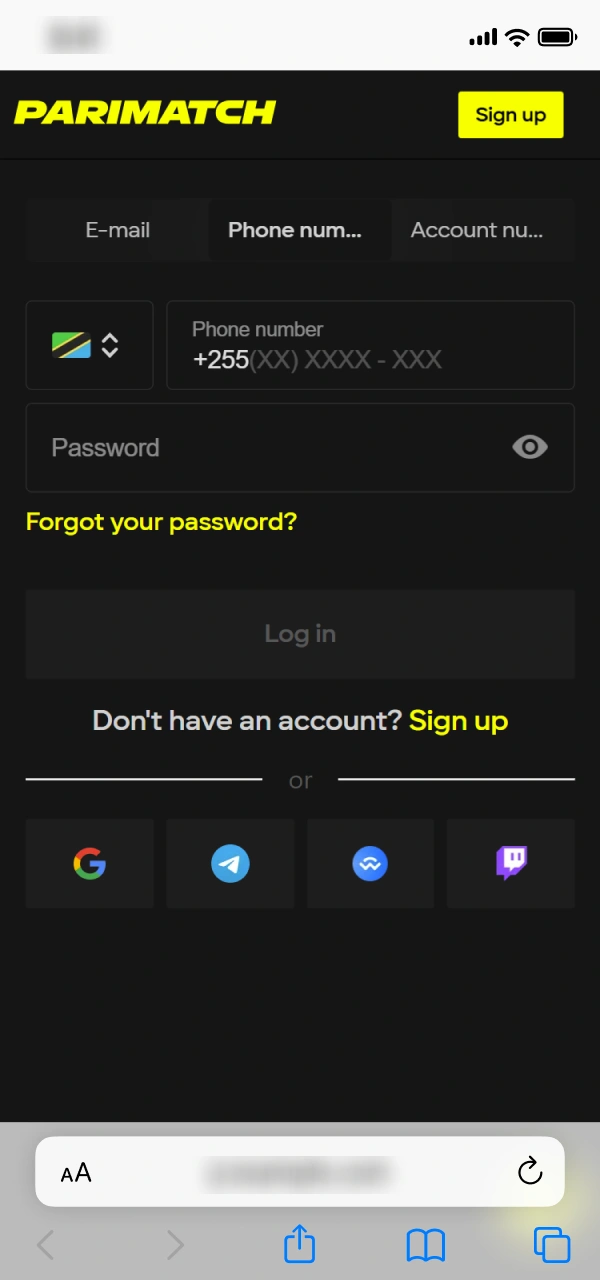 Register or log in to the Parimatch Tanzania mobile website.