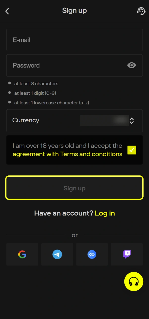 Complete Parimatch app registration by clicking the Sign Up button.