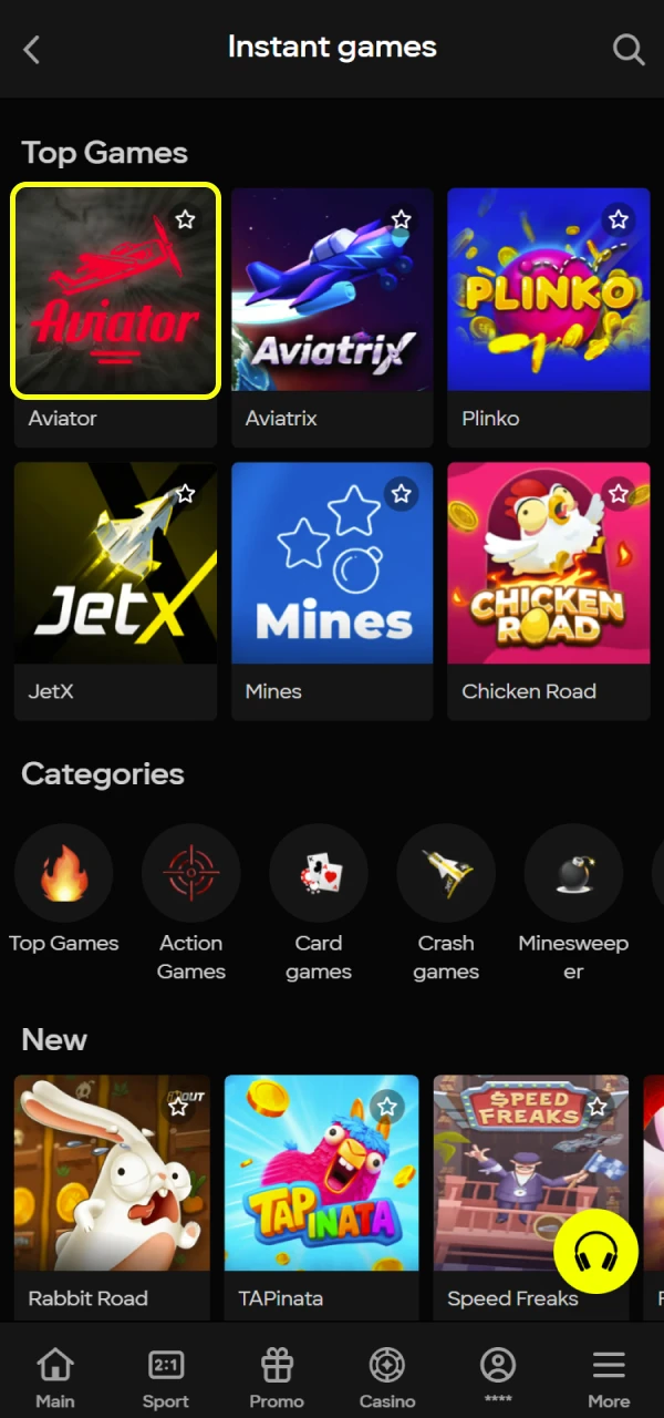 Go to the Parimatch casino section to play Aviator.