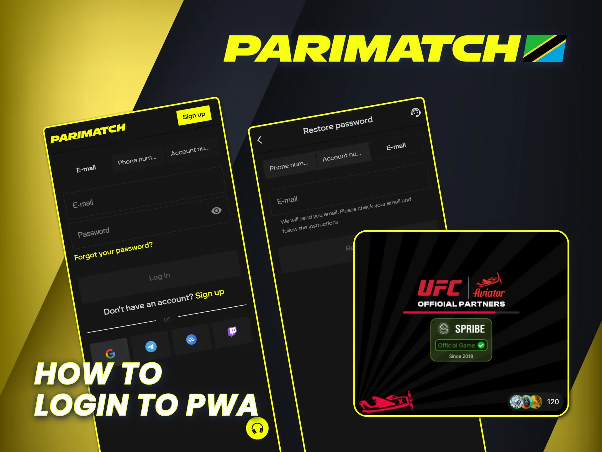 Access Aviator game with login to Parimatch via the PWA.