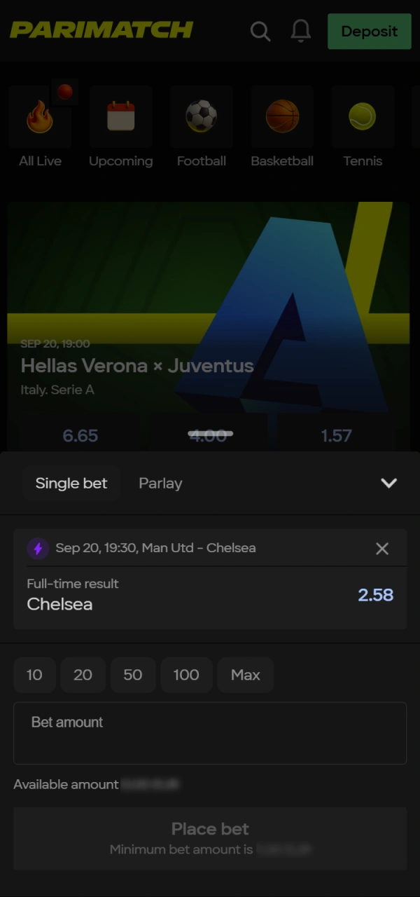 Start betting or playing with your Parimatch bonus.