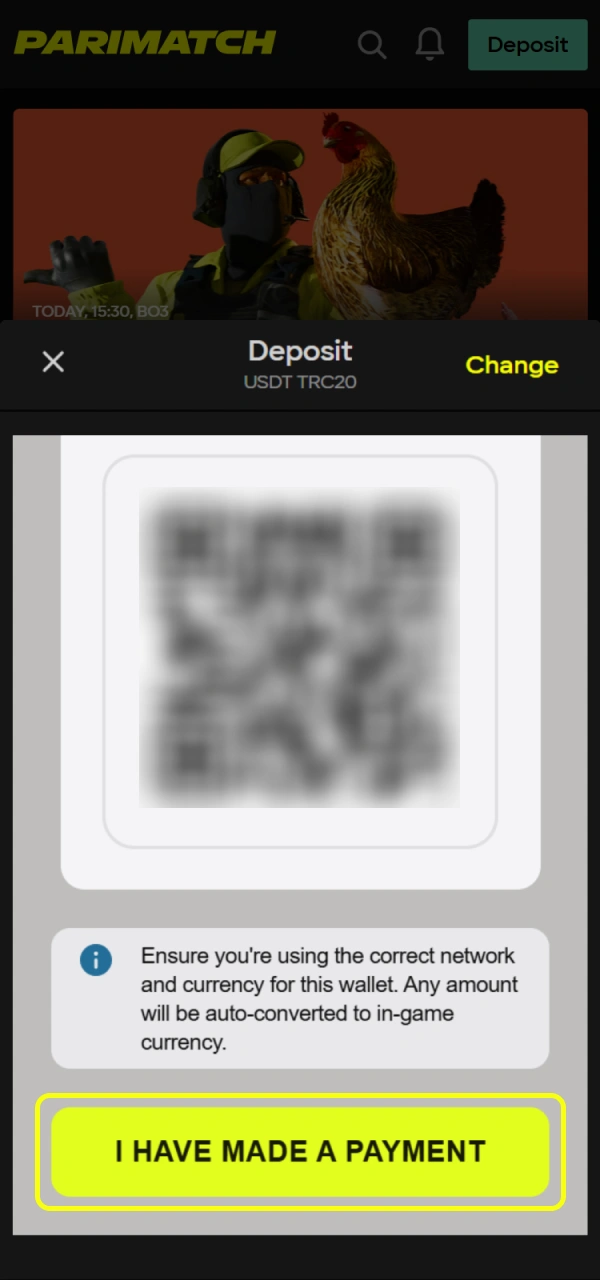 Confirm your Parimatch deposit to fund your account.