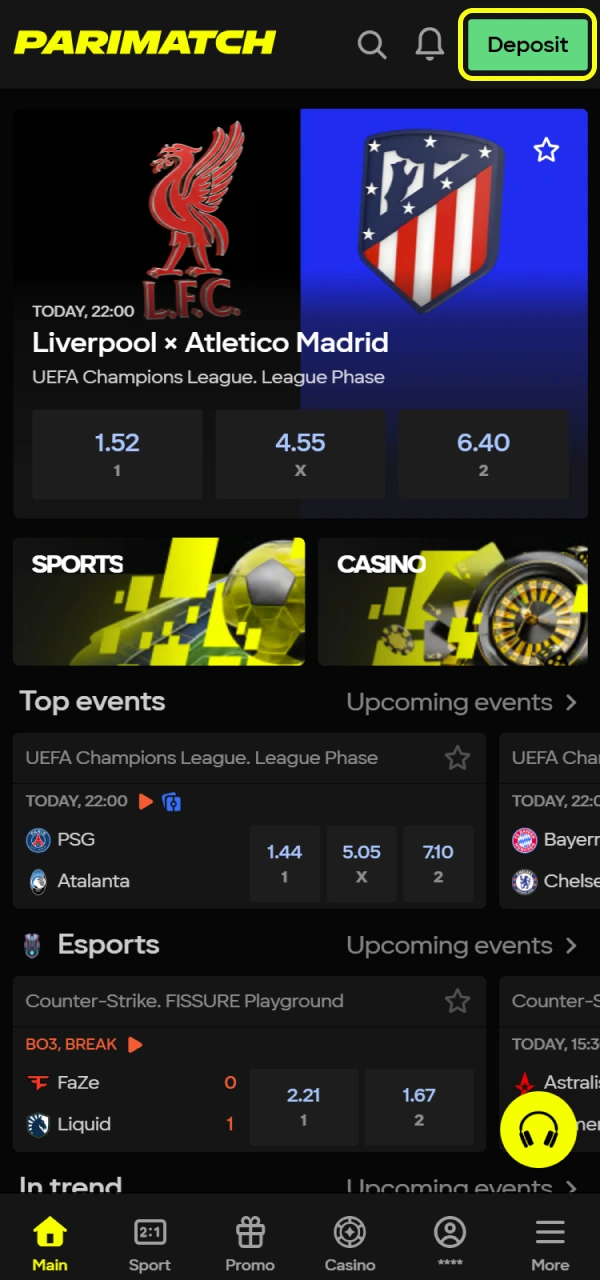 Access the Parimatch deposit section to add funds.