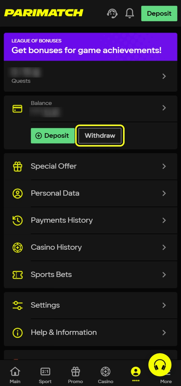 Go to the Parimatch menu to find withdrawal section.