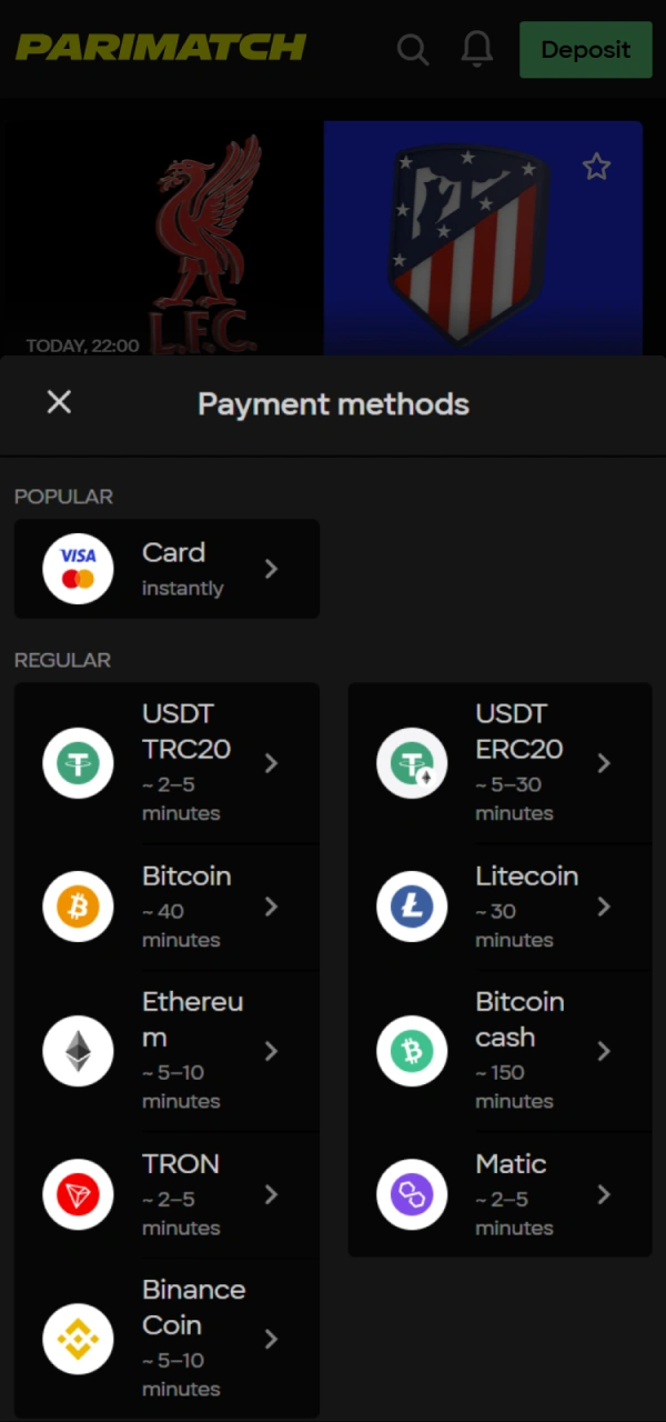 Go to deposit and select your payment method at Parimatch.