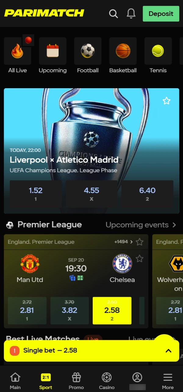 Select your Parimatch online sport bet by clicking the odds.