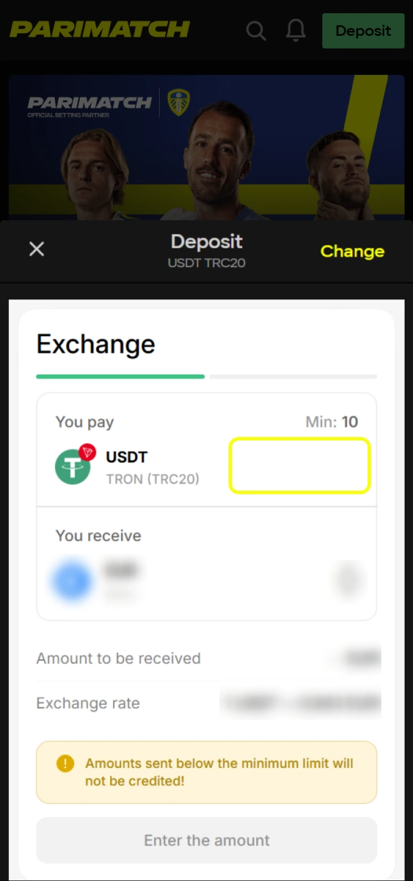 Enter the deposit amount and other information required by Parimatch.
