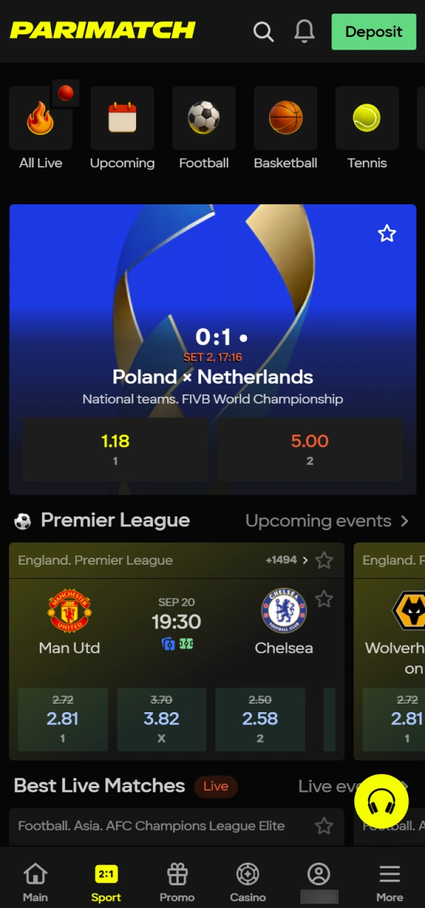 Begin sport betting on Parimatch after your balance updates.