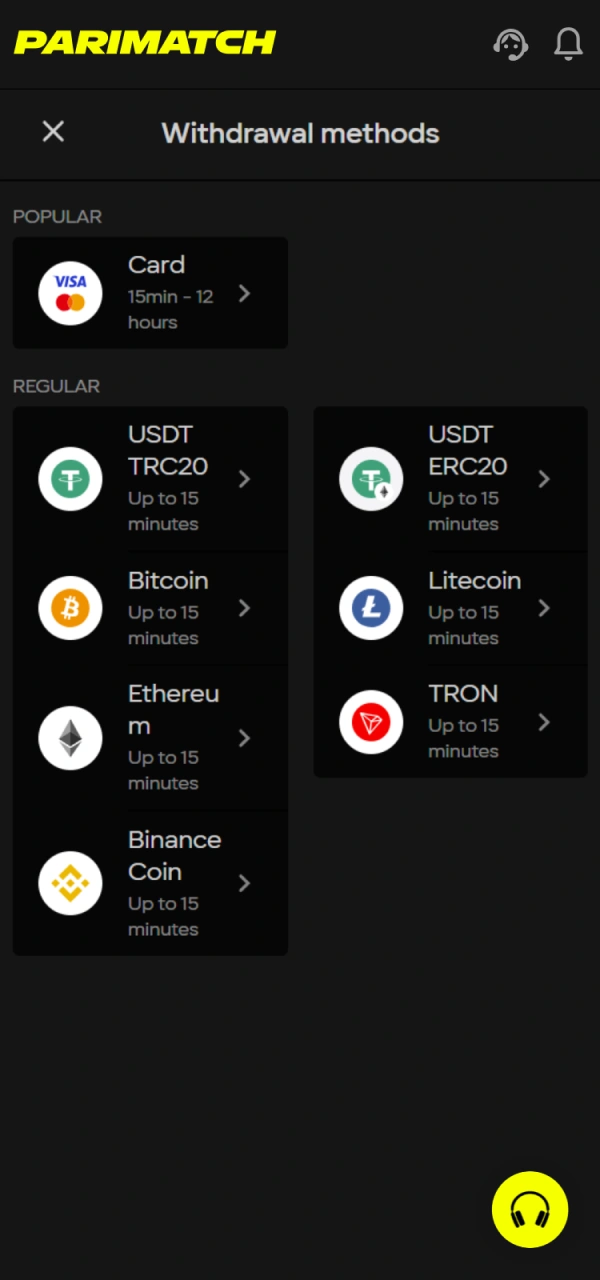 Proceed by choosing withdrawal method at Parimatch website.