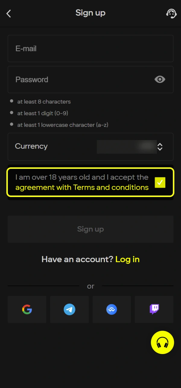Accept Parimatch terms and confirm your age to register.