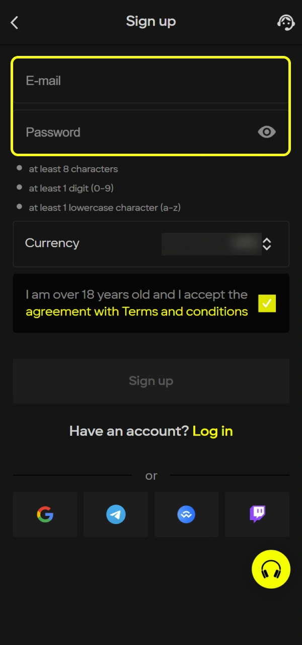 Fill out the required information for your Parimatch Casino account.
