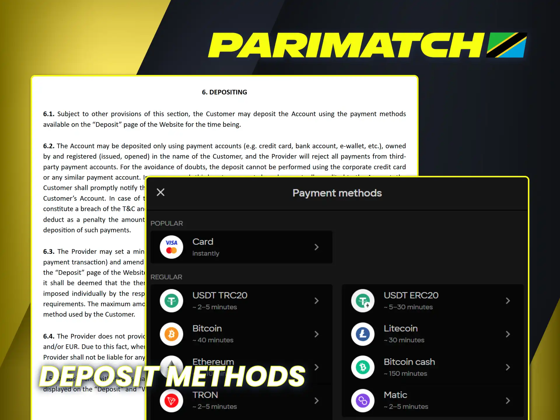 Use convenient and secure Parimatch deposit methods after registration.