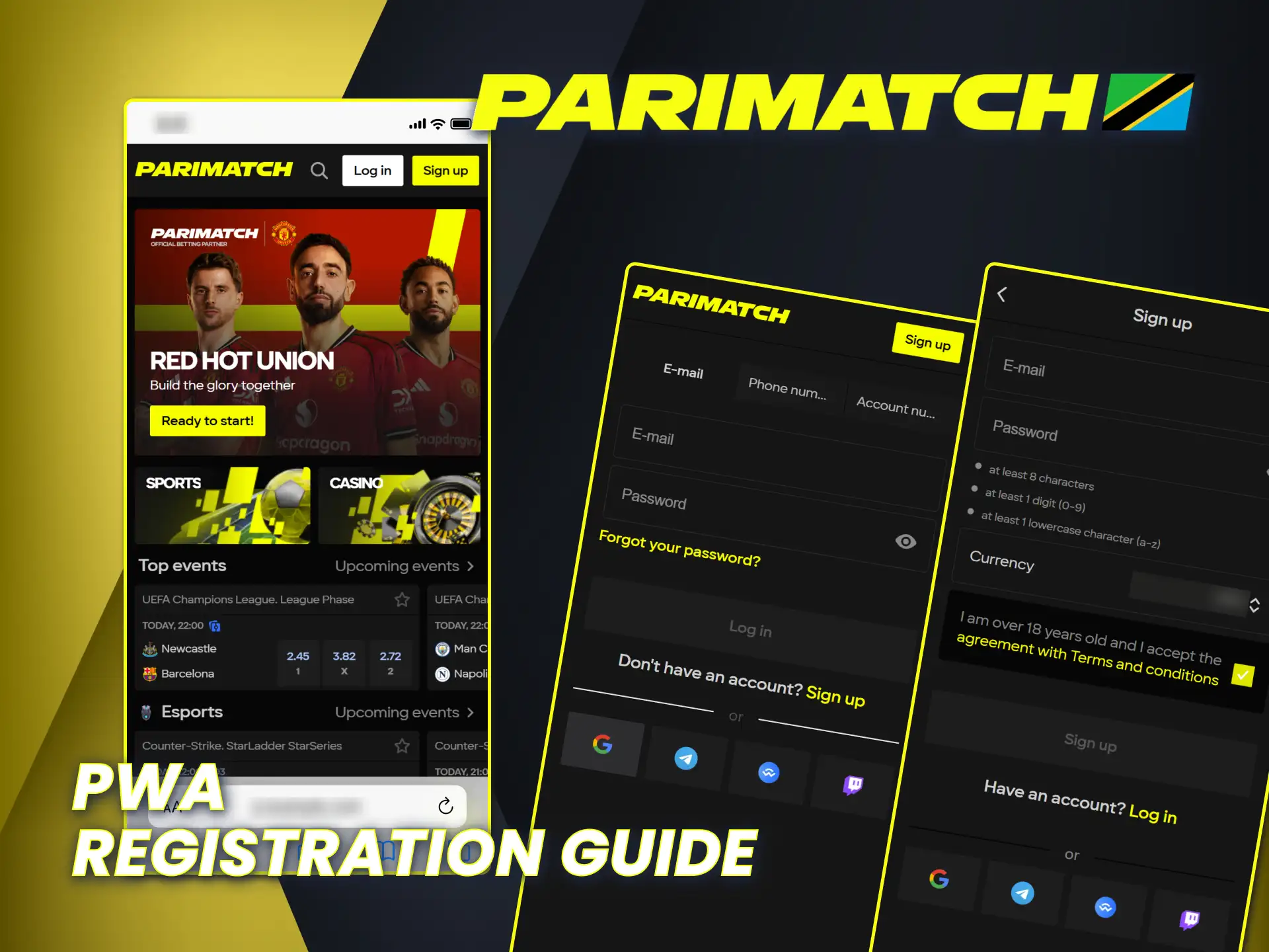 Create a Parimatch account using the PWA on your smartphone.