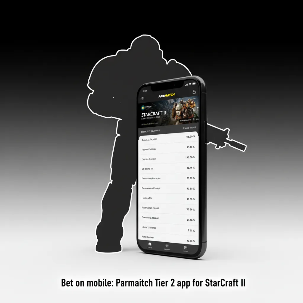 Smartphone displaying Parimatch app with StarCraft II live odds, cash out options, and mobile wallet deposit icons.