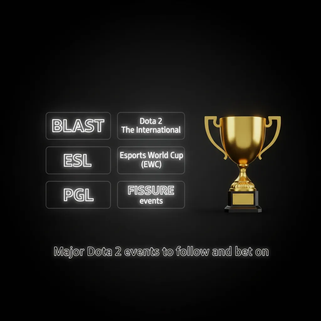 Collage of Dota 2 major event logos: TI, BLAST, ESL, EWC, PGL, FISSURE - highlighting tournaments to follow and bet on.
